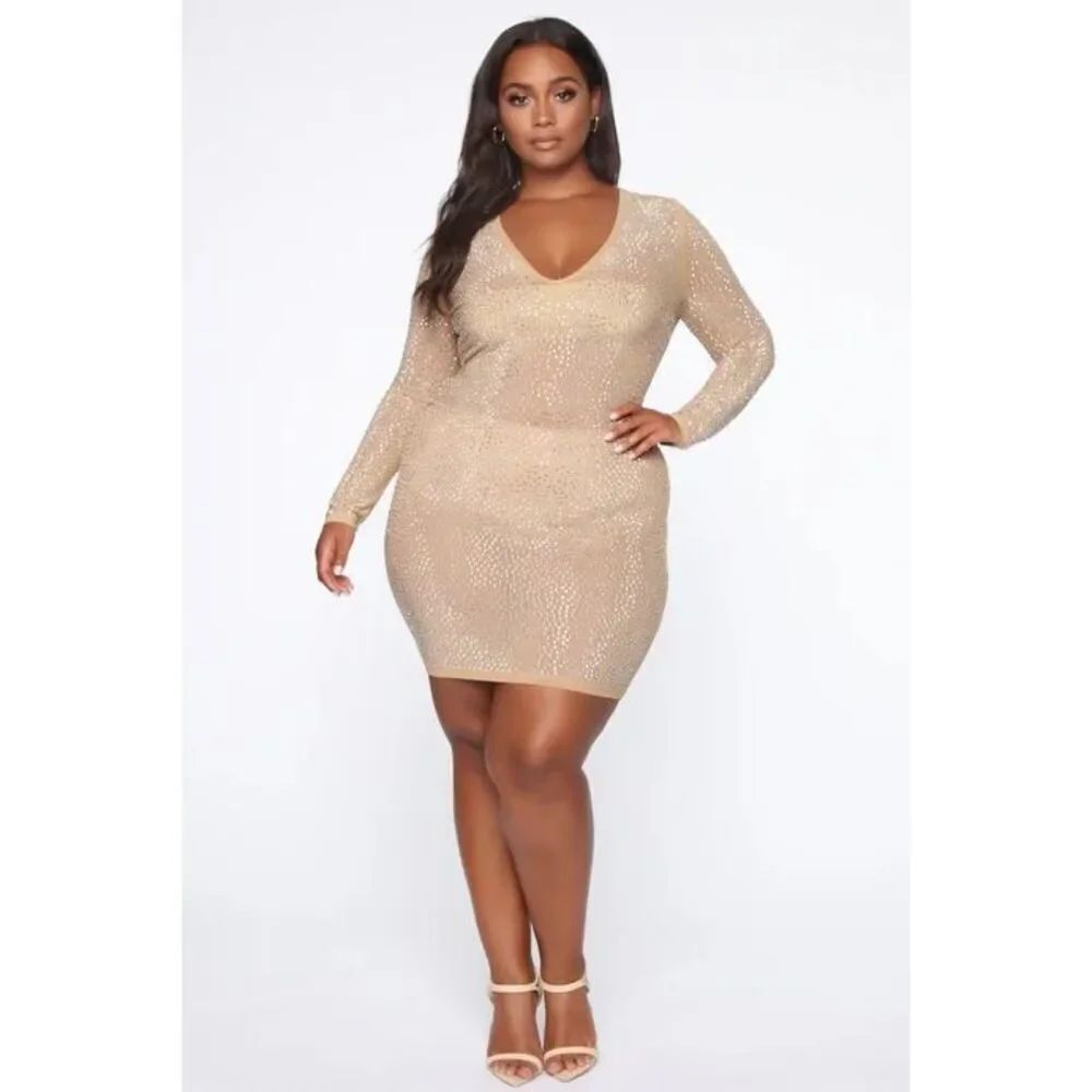 Fashion Nova Isabela Rhinestone Mesh Mini Dress 3X Nude Silver NWT